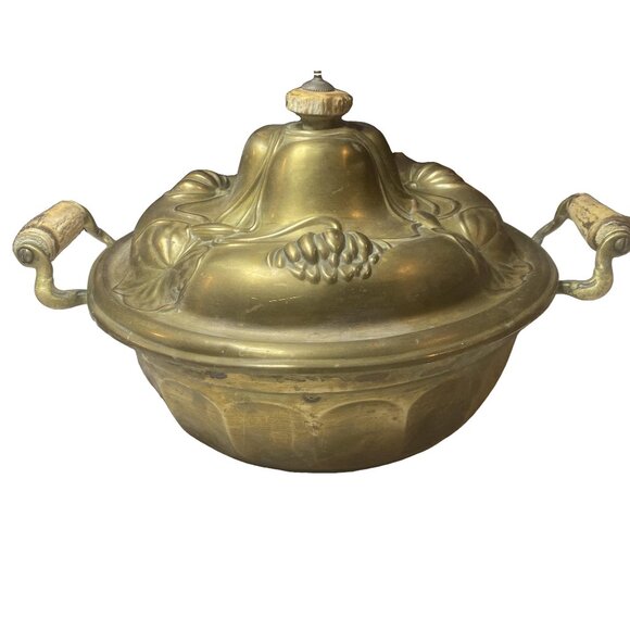 ANTIQUE Art Nouveau Water Lillies Brass Soup Tureen Pot Chafing Pan Lid - Picture 1 of 16